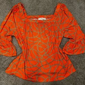 MICHAEL Michael Kors Zinnia square neck, 3/4 length bell sleeve top orange/chain